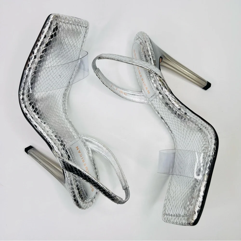 Good American Silver Snake Skin & Lucite Square Toe Slingback Stiletto Heels
